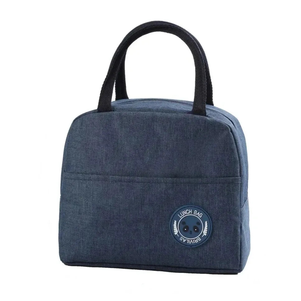 Blue insulated lunch bag with black handles on a white background