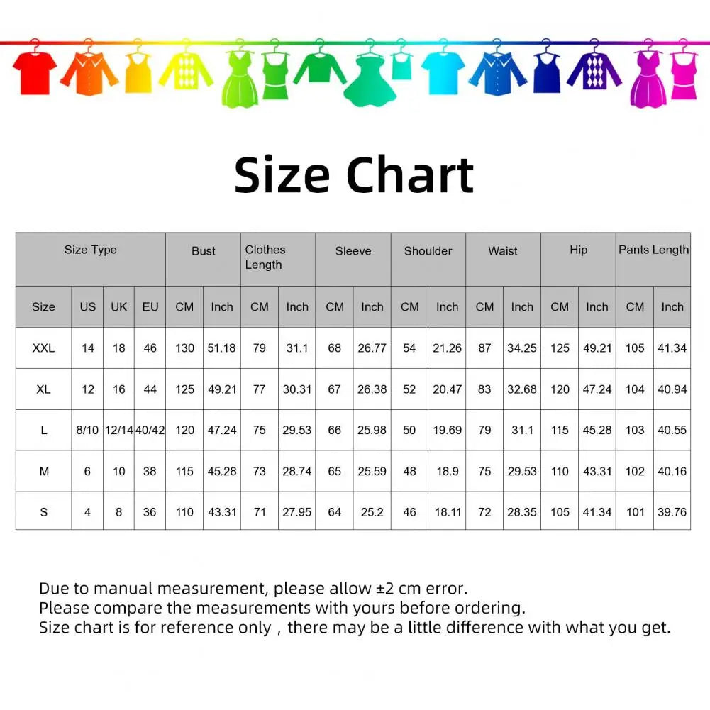 Size chart for clothing with color-coded garments at the top