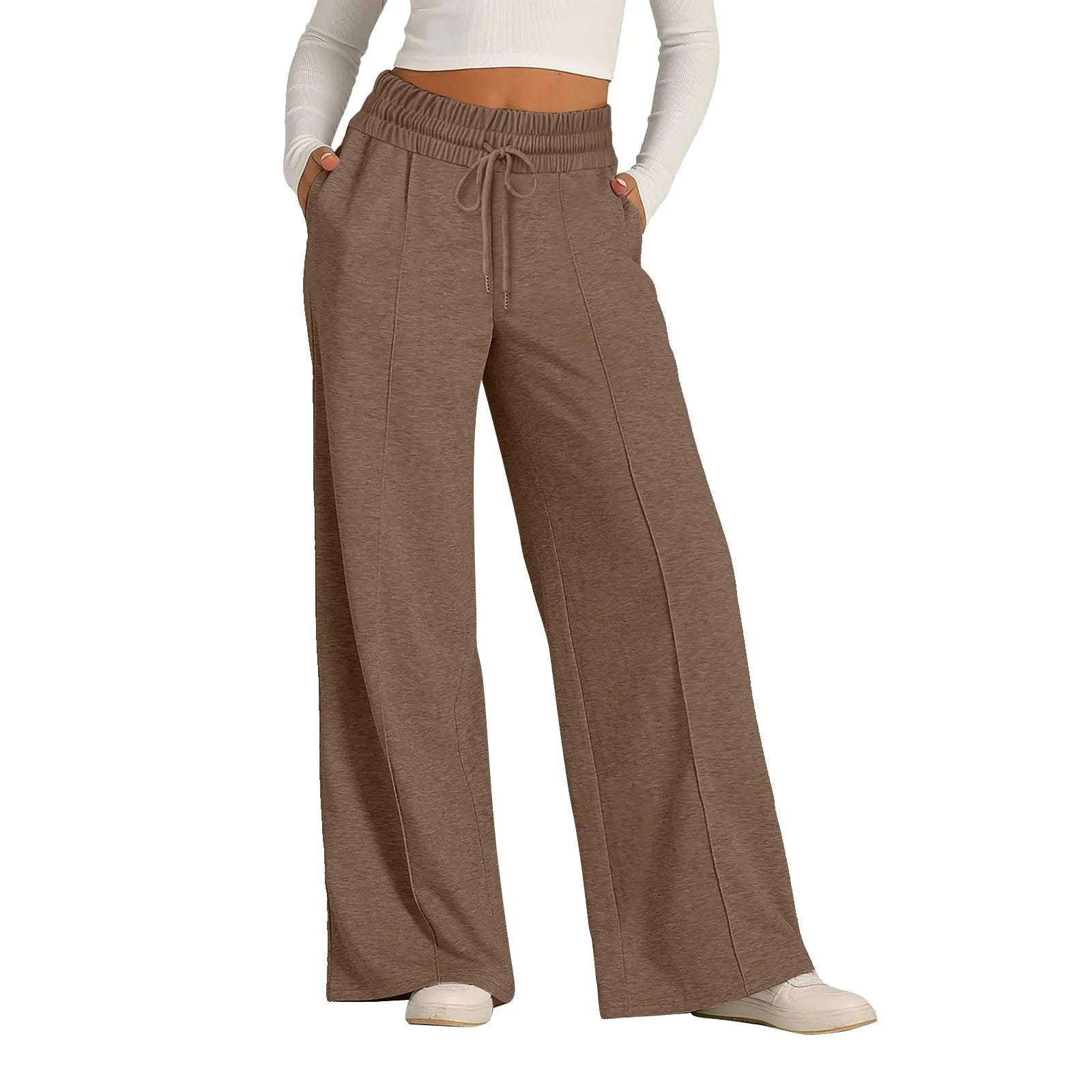 Casual Flow Wide Leg Pants in Dark Brown – Women's High Waist Lounge Pants