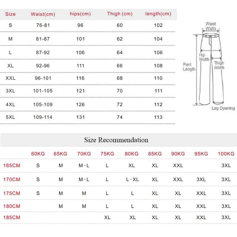 Size chart and recommendation for pants with measurements and weight guidelines.
