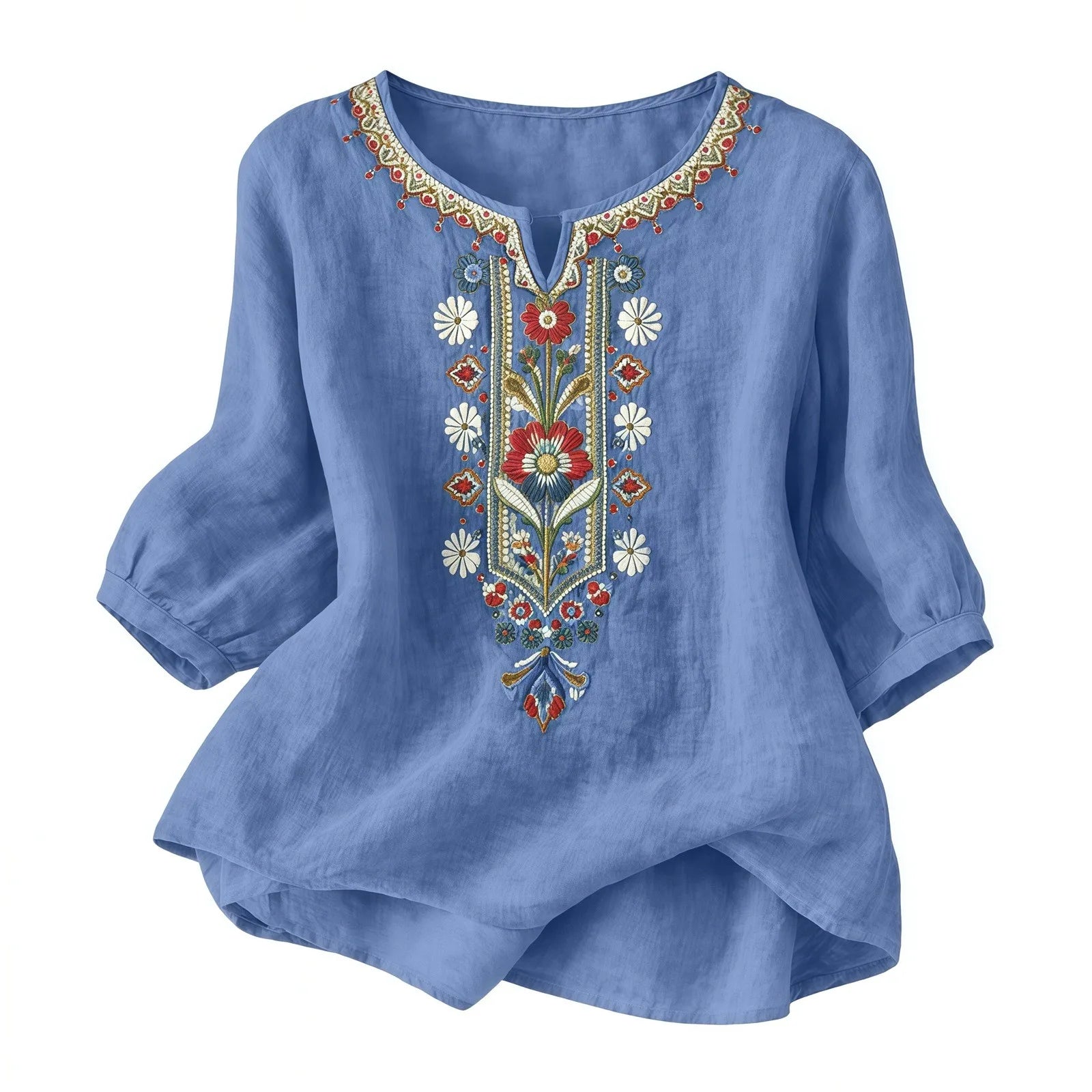 Blue Ukrainian Folk Print Blouse