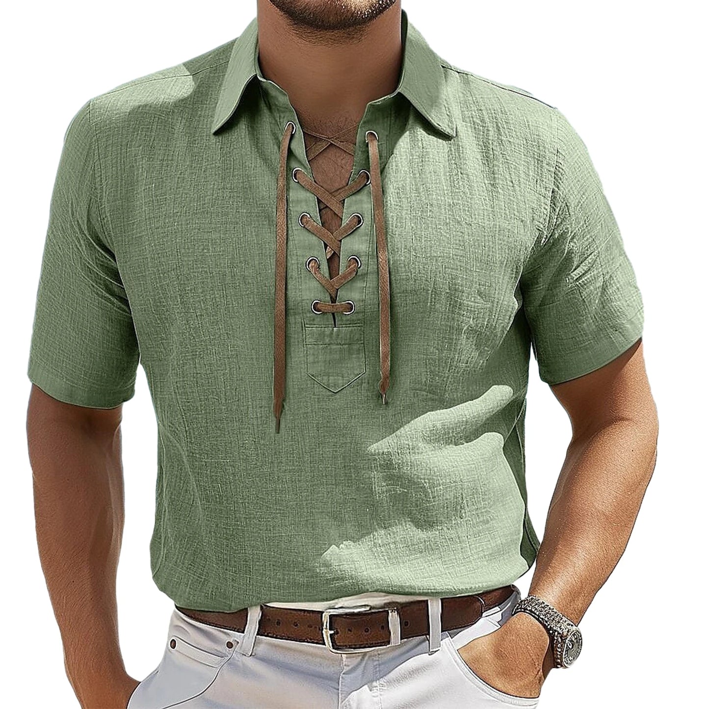 Green short-sleeve shirt with lace-up details worn by a person on a white background