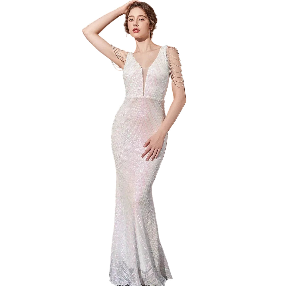 Women's gold sequin mermaid evening dress with V-neckline and fringe bead sleeves – formal gala and party gown