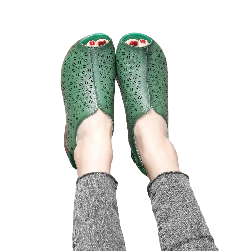 Women's green leather mid heel fish mouth sandals - summer comfort sandals