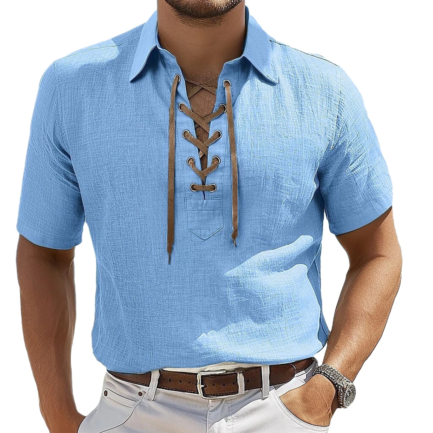 Men's Lace-Up V-Neck Tee - Blue - Summer Casual Top