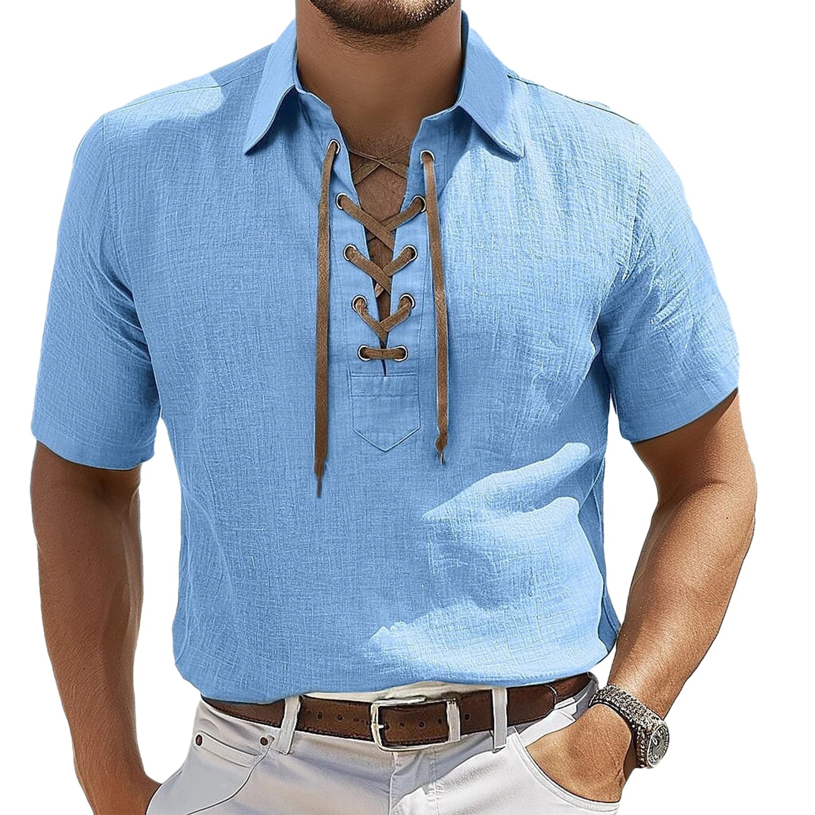 Men's Lace-Up V-Neck Tee - Blue - Summer Casual Top