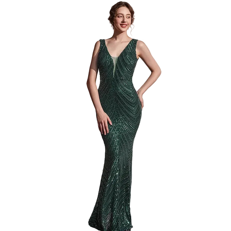 Women's champagne gold sequin mermaid evening dress with V-neckline and fringe bead sleeves – formal wedding and party gown