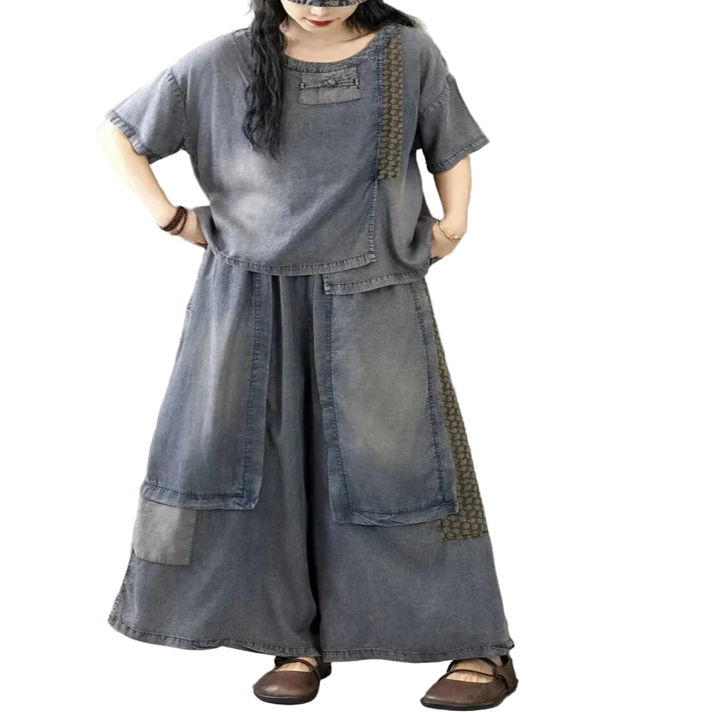 Vintage Two-Piece Set in Blue – Relaxed O-Neck Top & Wide Leg Jeans for Women