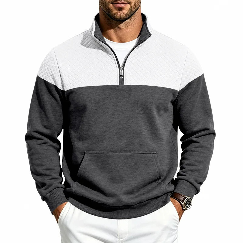 Men’s colorblock quilted-texture half-zip sweatshirt with stand collar and kangaroo pocket