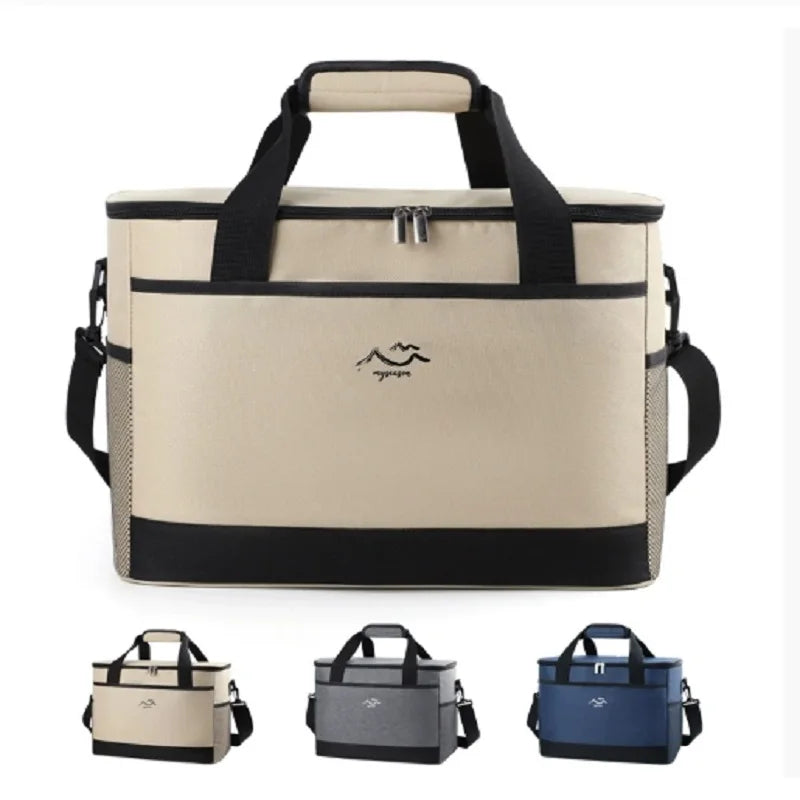Beige and black cooler bag with a visible brand logo on a white background.