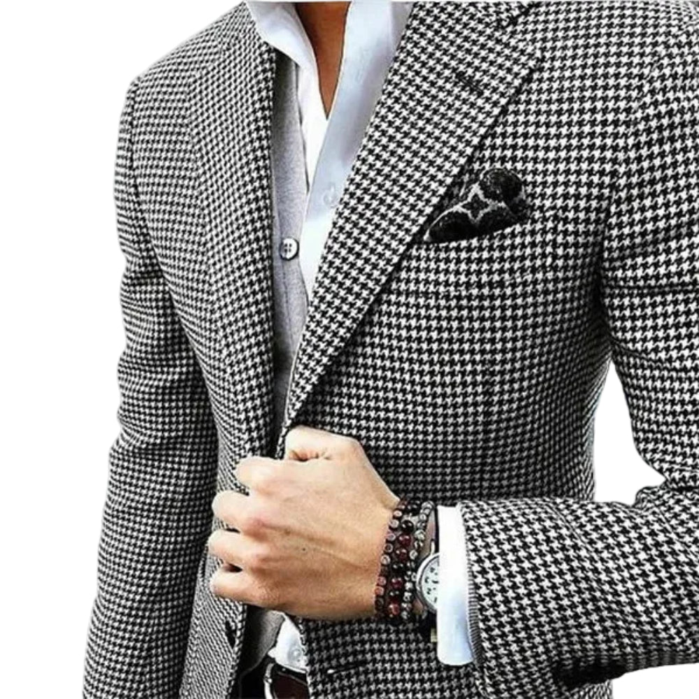 Men's slim fit 3-piece suit set houndstooth black white – jacket vest and pants
