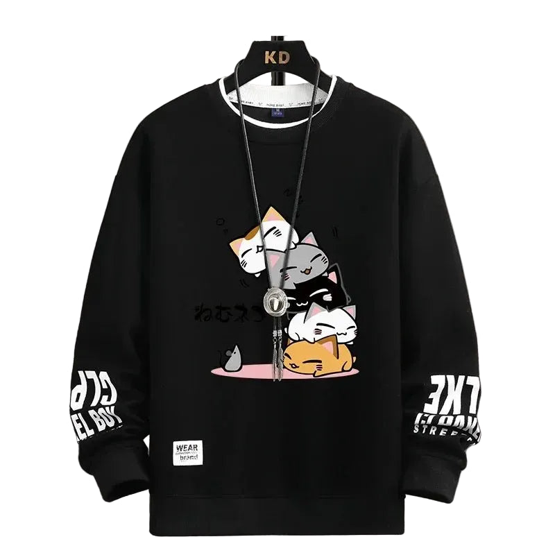 Kawaii Cat Sweater Men – Japanese Cartoon Print Pullover - CasualFlowshop