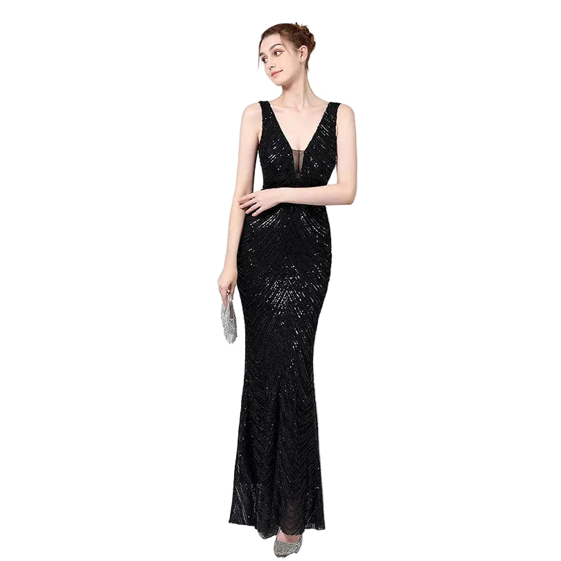 Women's black with beads sequin mermaid evening dress with V-neckline – formal gala and special occasion gown