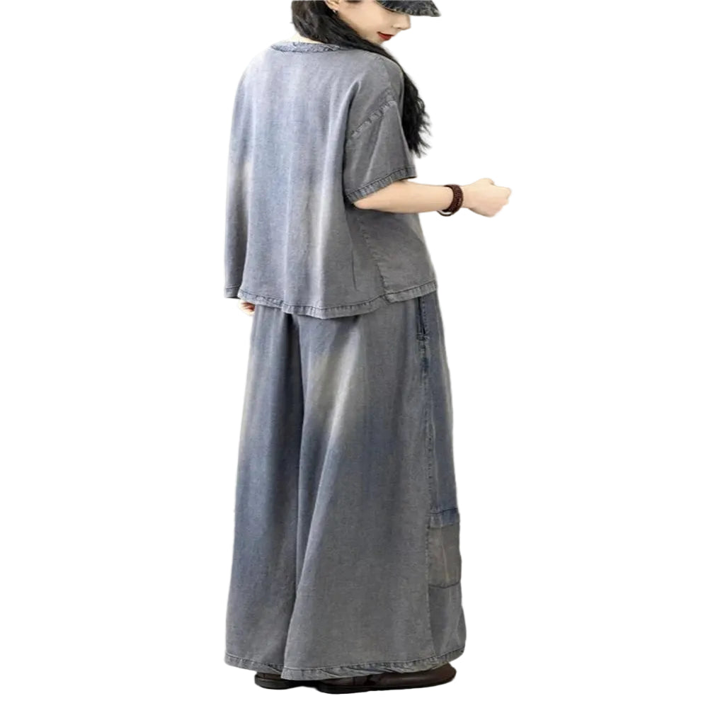 Vintage Two-Piece Set in Blue – Relaxed O-Neck Top & Wide Leg Jeans for Women