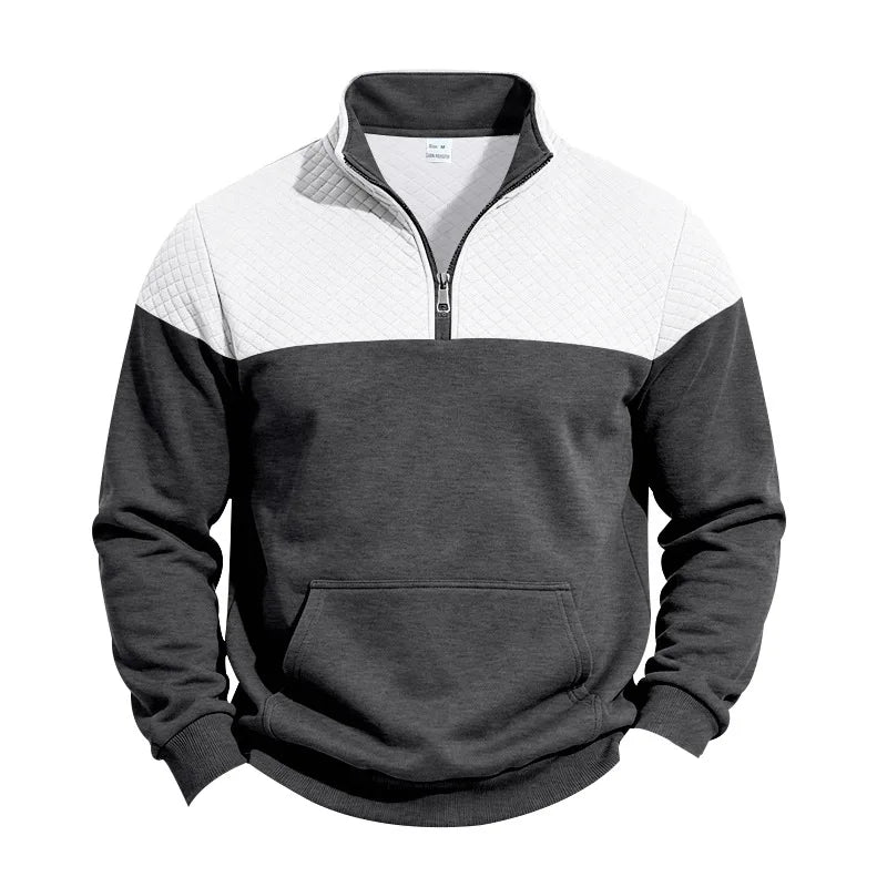 Men’s colorblock quilted-texture half-zip sweatshirt with stand collar and kangaroo pocket