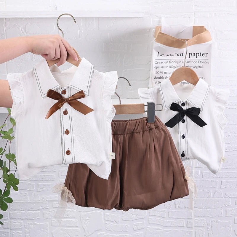 Adorable toddler girl 2-piece outfit with a bow top, flying sleeves, and matching shorts. Perfect for ages 0-4.