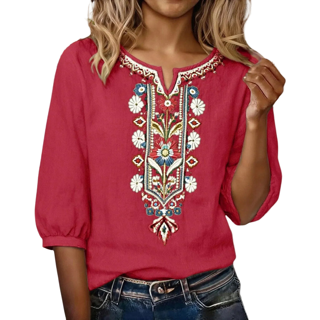 Red Ukrainian Folk Print Blouse