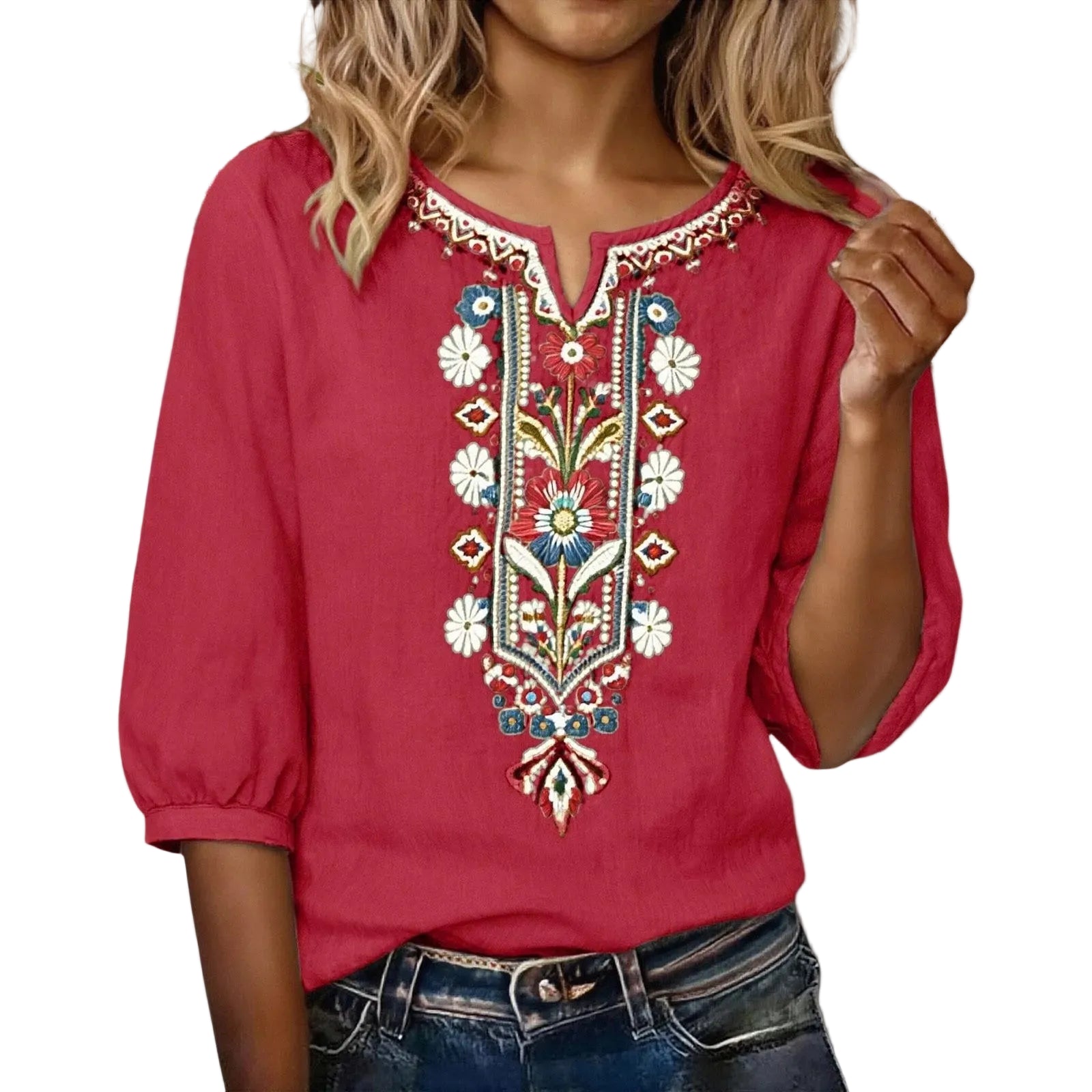 Red Ukrainian Folk Print Blouse