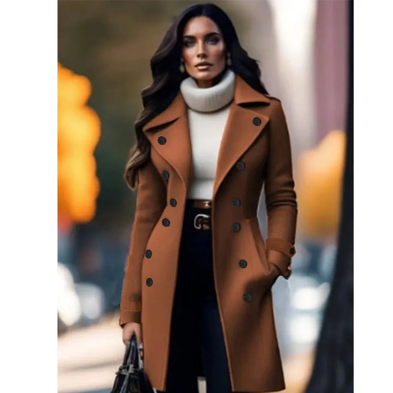 A woman wearing a long brown double-breasted coat over a white turtleneck sweater and dark pants, standing in an outdoor urban setting with a blurred background.