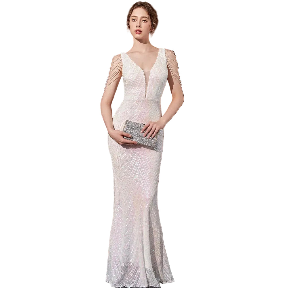 Women's burgundy wine sequin mermaid evening dress with V-neckline, sleeveless – formal wedding and special occasion gown
