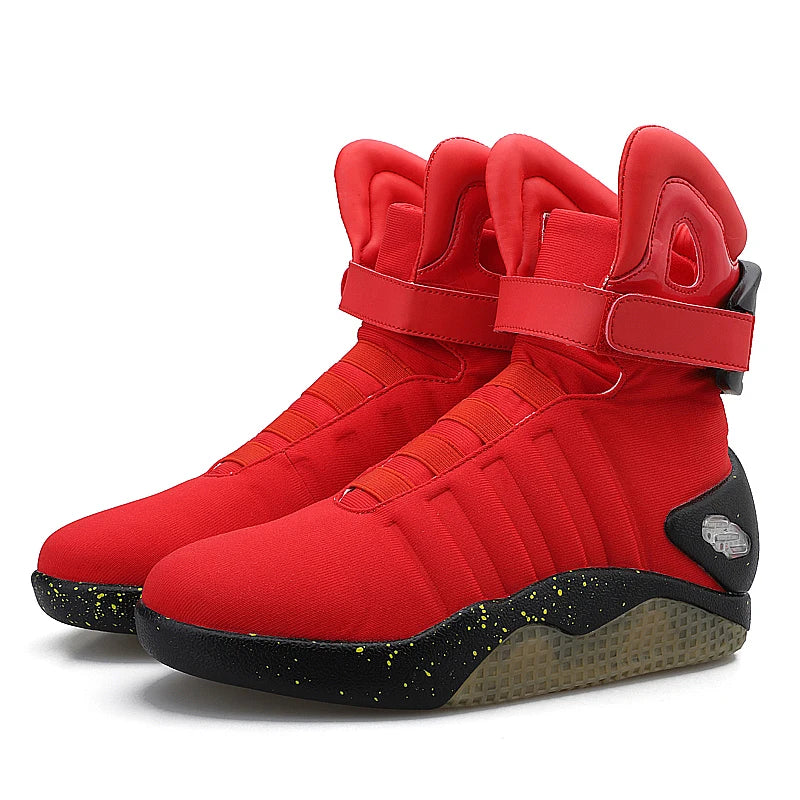 Red LED high-top sneakers for men with USB rechargeable glowing sole – side view
