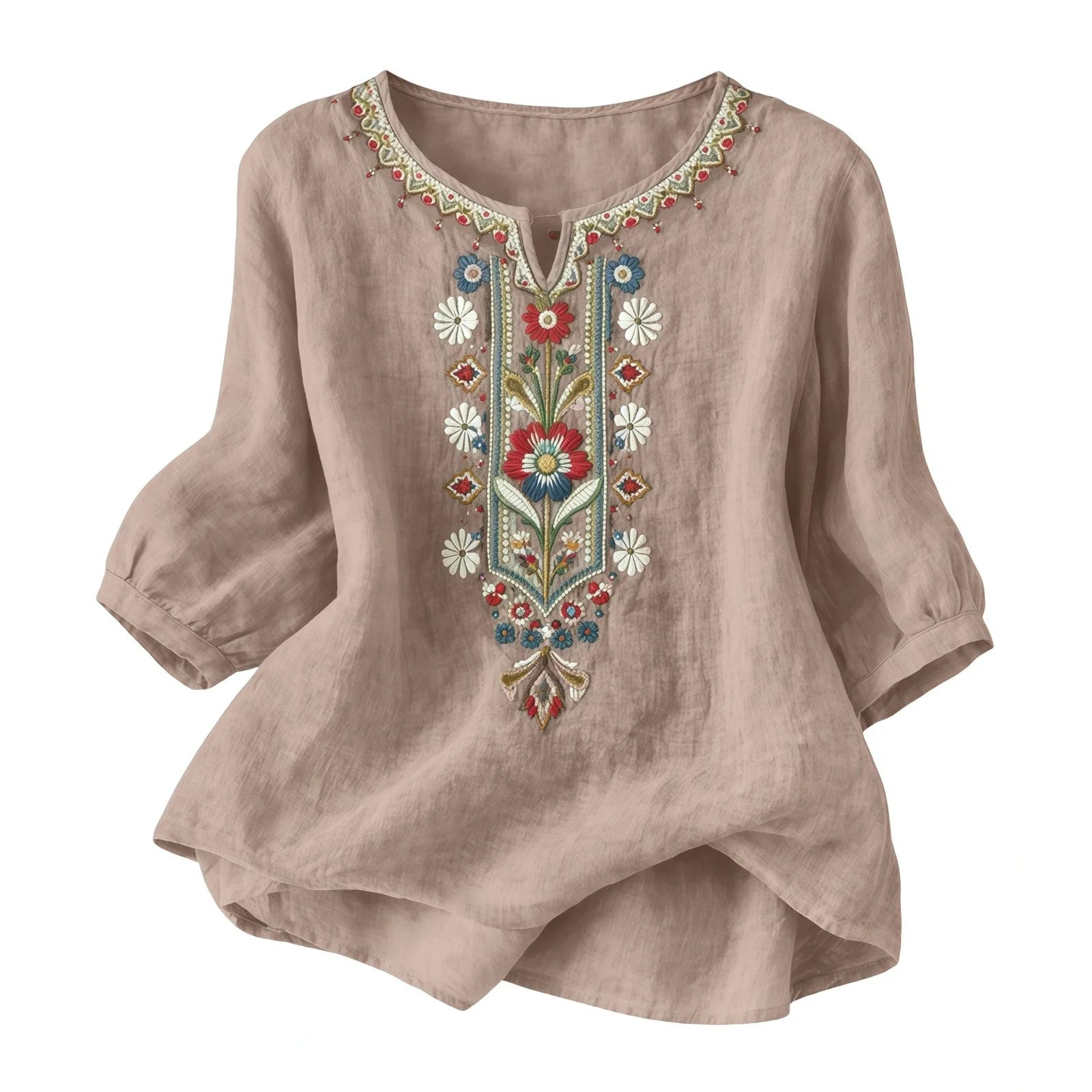 Beige Ukrainian Folk Print Blouse