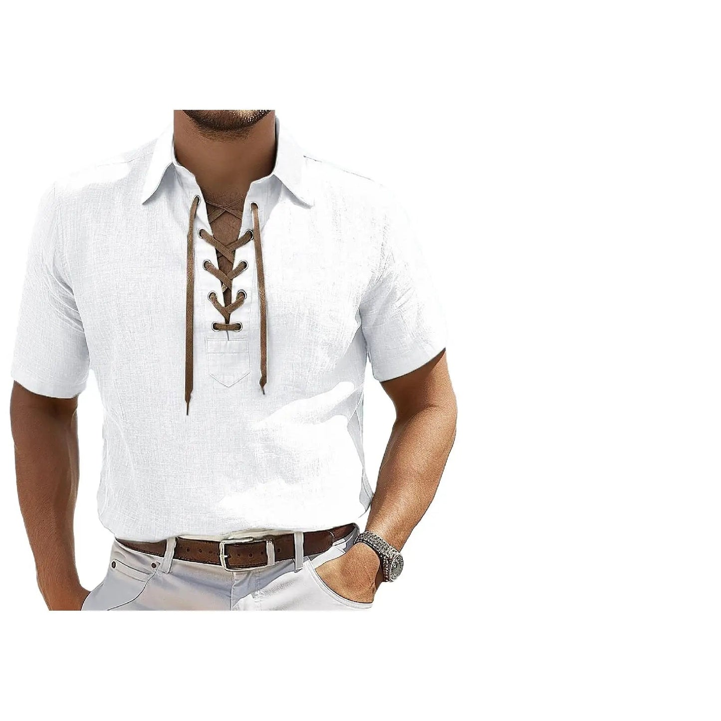 Men's Lace-Up V-Neck Tee - White - Summer Casual Top