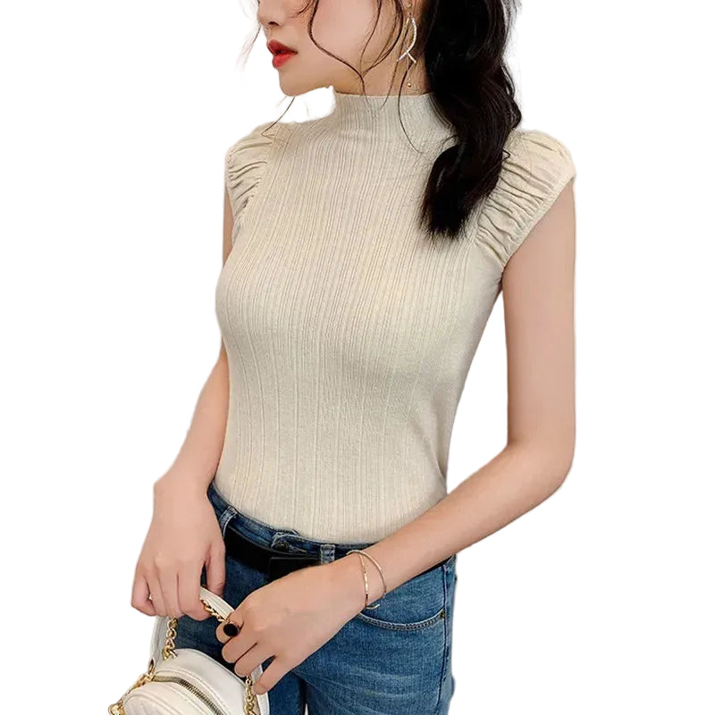 woman wearing ribbed high neck sleeveless tank top brown slim fit