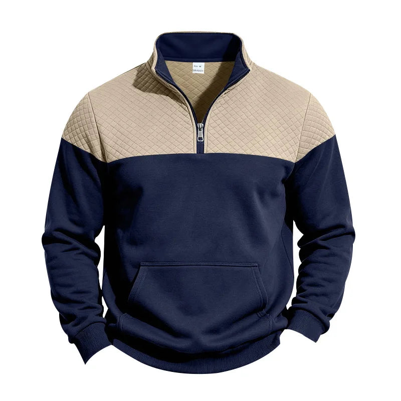 Men’s colorblock quilted-texture half-zip sweatshirt with stand collar and kangaroo pocket
