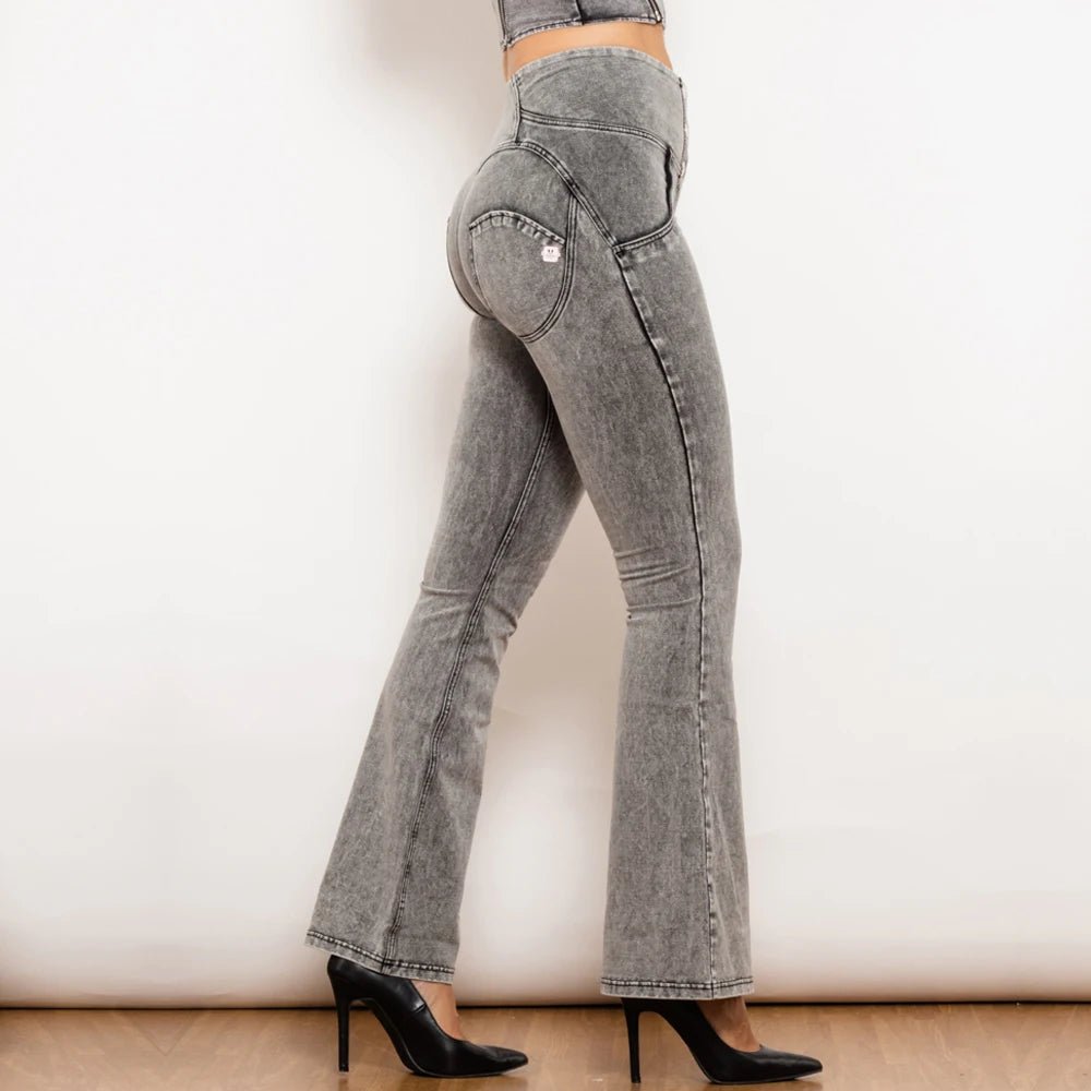 high waist grey flare jeans women stretch denim sculpting fit