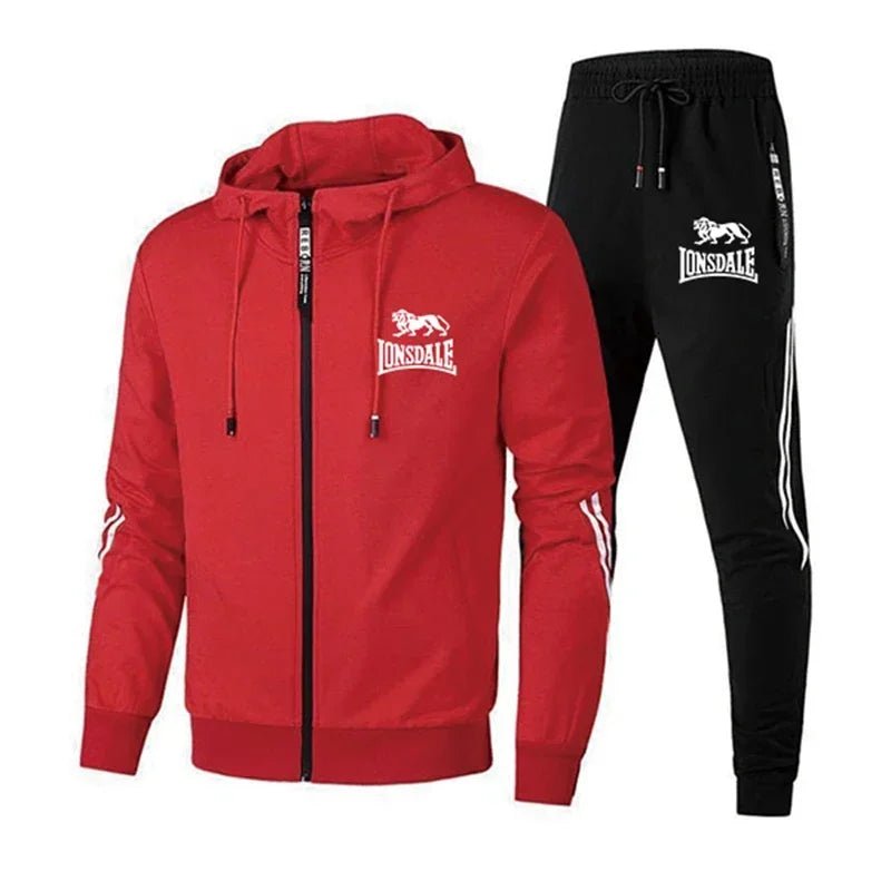 Red hoodie and black tracksuit with Lonsdale logo on a white background