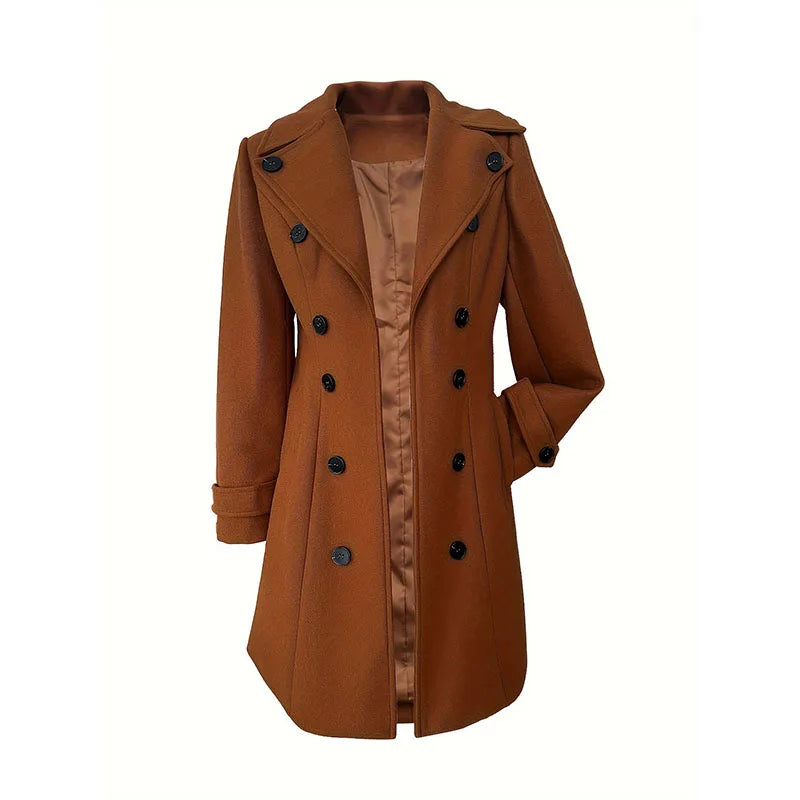 Women's camel wool coat front view, double-breasted style for fall and winter – Casual Flow Shop