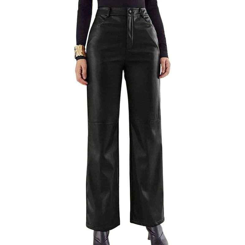 Stylish Vegan Leather Wide Leg Pants – High-waisted, trendy, and comfortable faux leather trousers for a chic look.