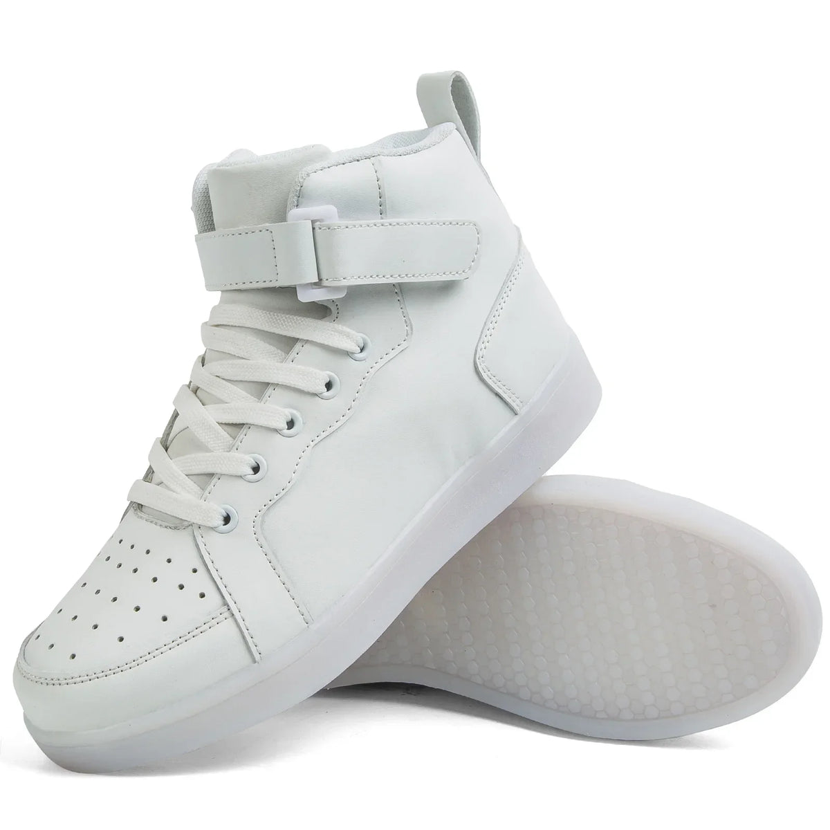 Kids’ LED high-top sneakers with light-up soles, laces, and an adjustable ankle strap.