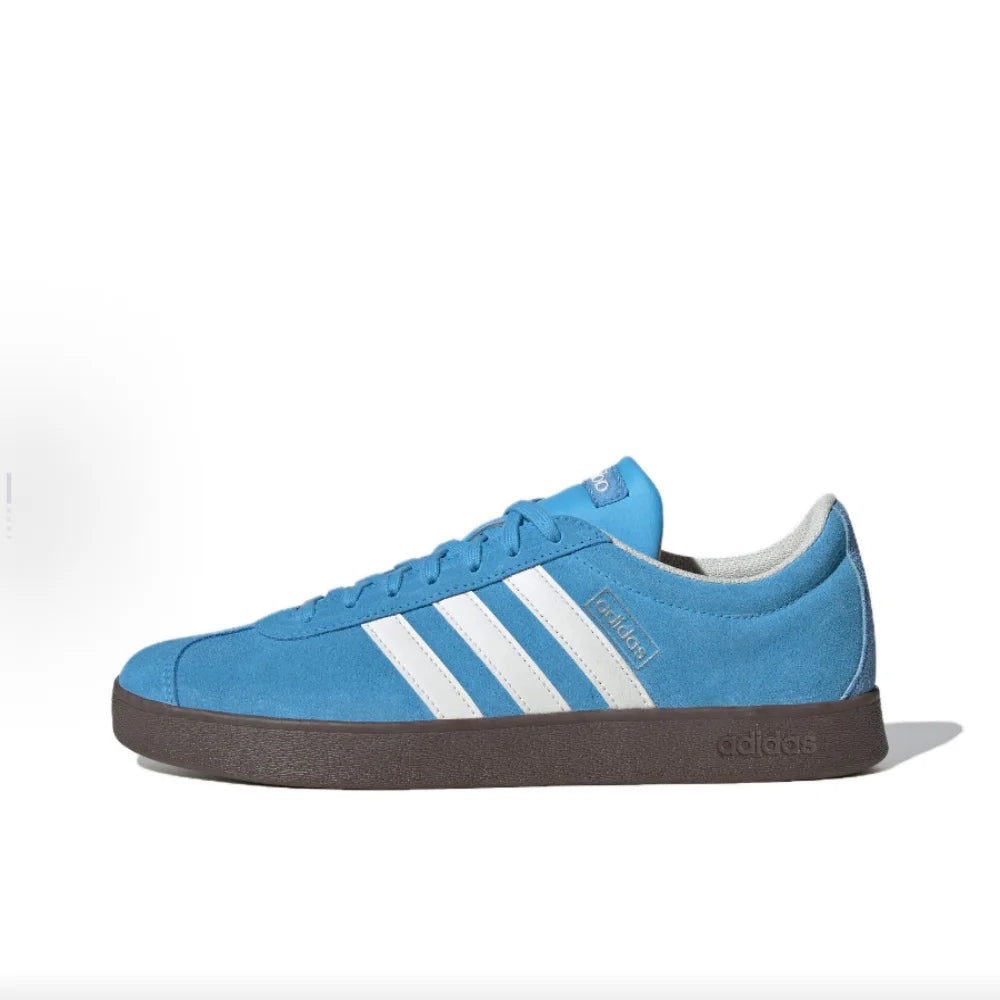 Blue Retro Low Top Sneakers with white stripes on a white background