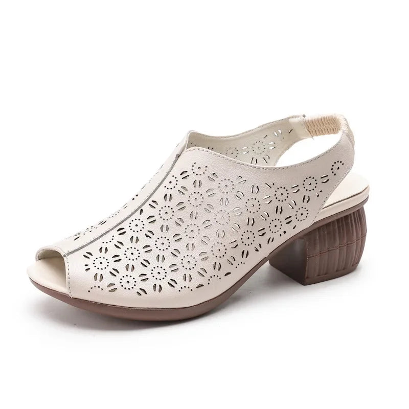 Women's beige leather mid heel fish mouth sandals - elegant summer sandals