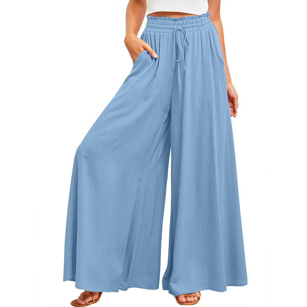 Lace-Up High Waist Wide Leg Pants in Sky Blue – Korean Style