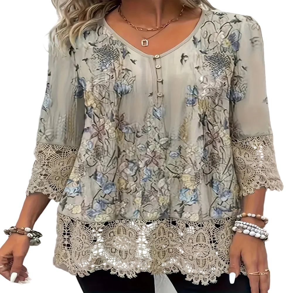 CasualFlowshop Boho Floral Lace Blouse - Dreamy V-Neck Top - CasualFlowshop
