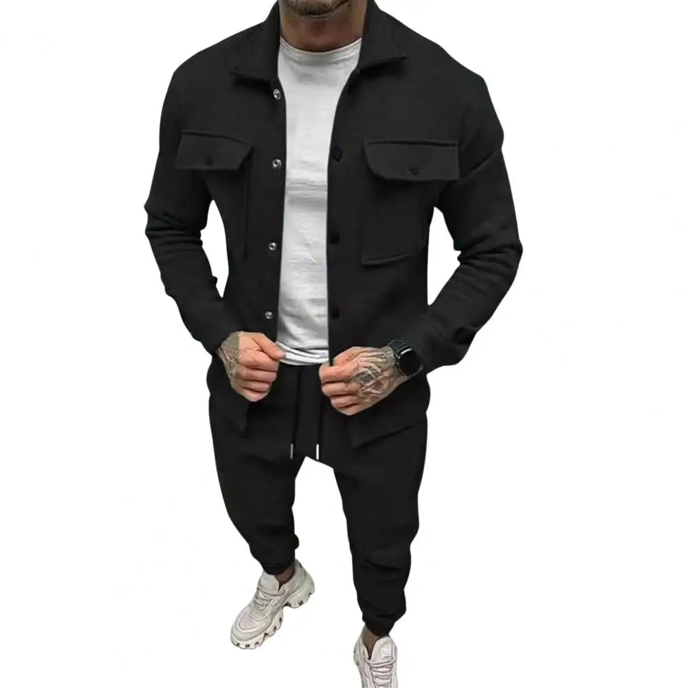 Men's 2-Piece Casual Sports Suit – Black Lapel Jacket & Drawstring Pants Set