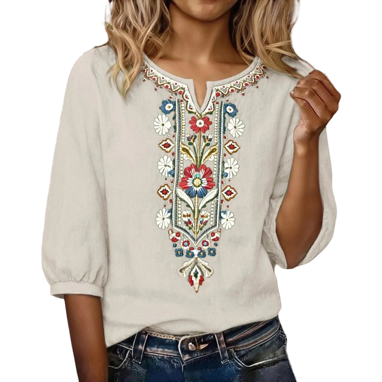 Beige Ukrainian Folk Print Blouse