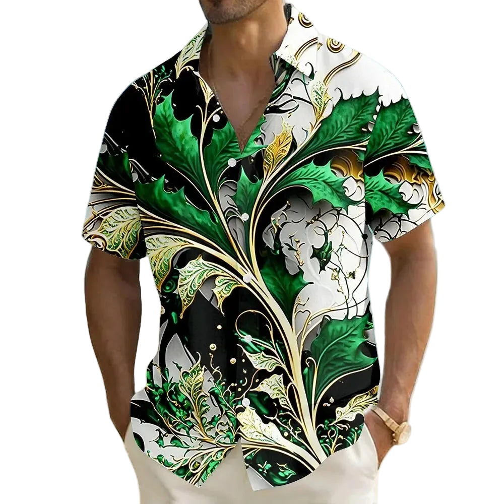 Person wearing a colorful floral shirt with a beach background