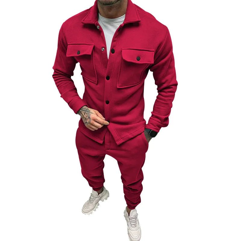 Red streetwear tracksuit set for men with slim fit jacket and joggers