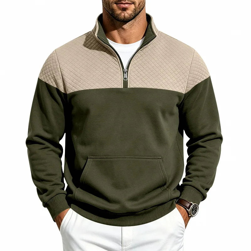 Men’s colorblock quilted-texture half-zip sweatshirt with stand collar and kangaroo pocket
