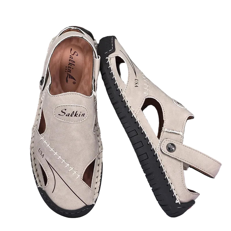 Men's breathable leather summer sandals in Beige – antiskid beach outdoor shoes