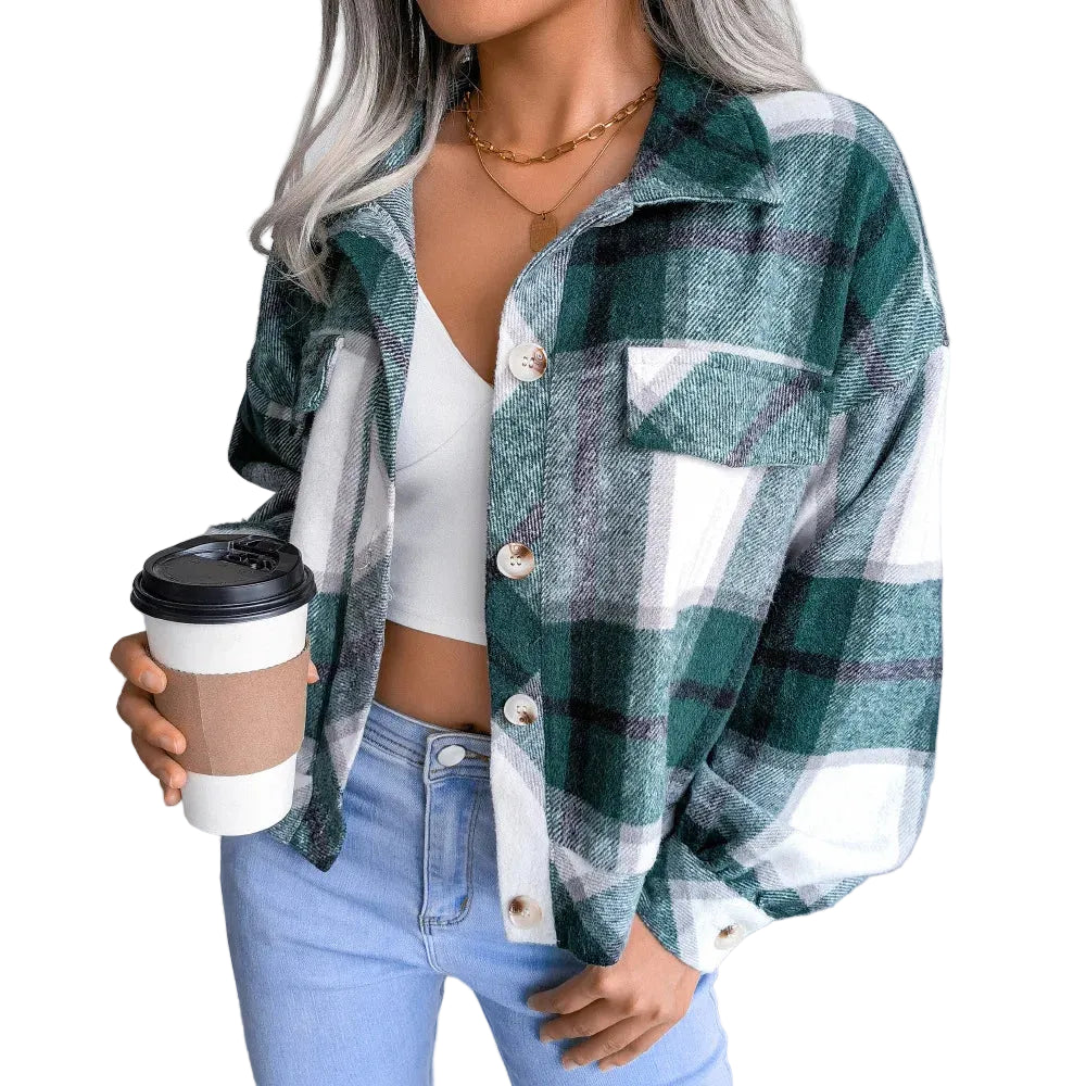 Women's slim wool plaid coat in green tones, casual winter jacket styled with jeans for everyday wear