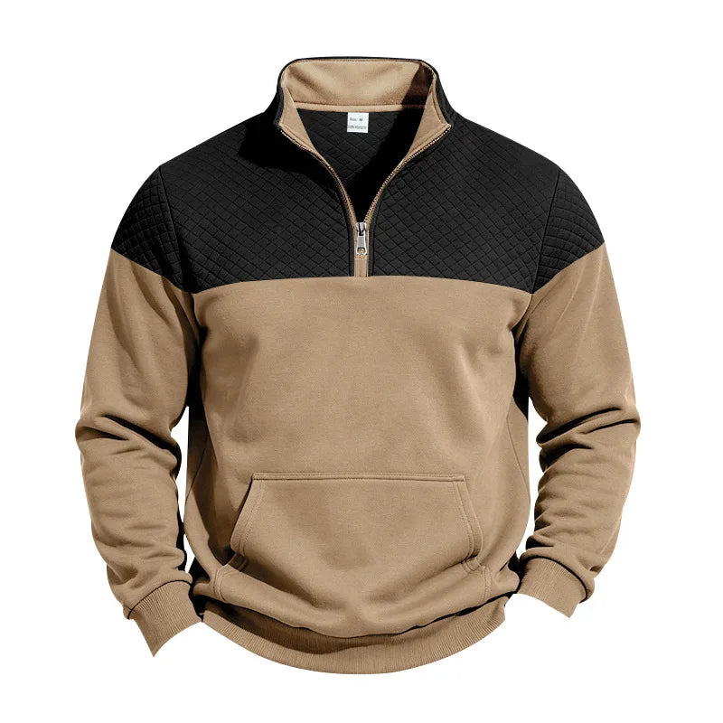 Men’s colorblock quilted-texture half-zip sweatshirt with stand collar and kangaroo pocket