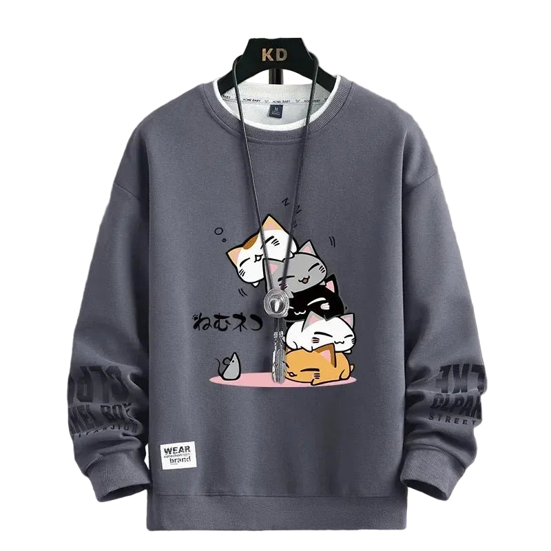 Kawaii Cat Sweater Men – Japanese Cartoon Print Pullover - CasualFlowshop