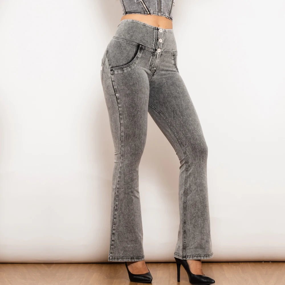 women wearing grey shaping flare jeans high waist slim fit