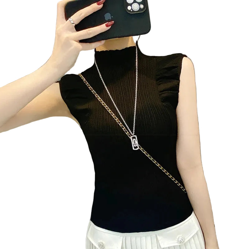 Women's Ribbed High-Neck Tank Top black corlor - At Casualflowshop