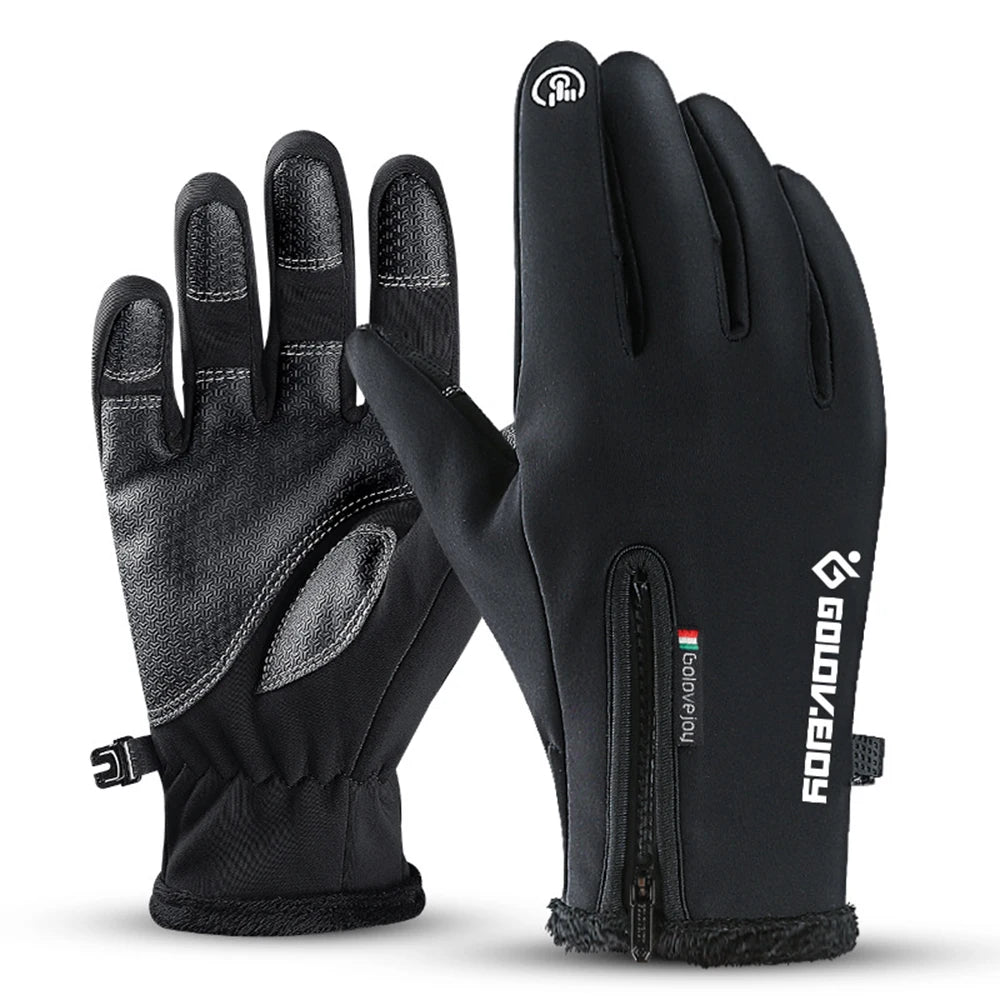 Winter motorcycle gloves with thermal fleece lining and waterproof material for cold-weather riding.